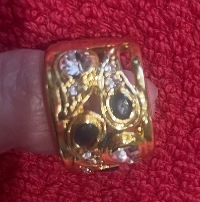 Gold Ring, with saphire and white crystals, size 6