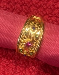 Gold Ring, Byzantine Style, Hammared with central Ruby crystal and 4 Aquamarine crystals and 2 Saphires, size 5