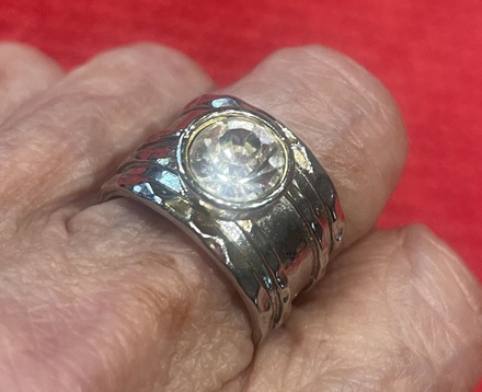 Silver Ring, hammered body, with large crystal stone, size 6