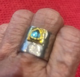 Silver Ring, wide, hammered, with blue crystal, size 6