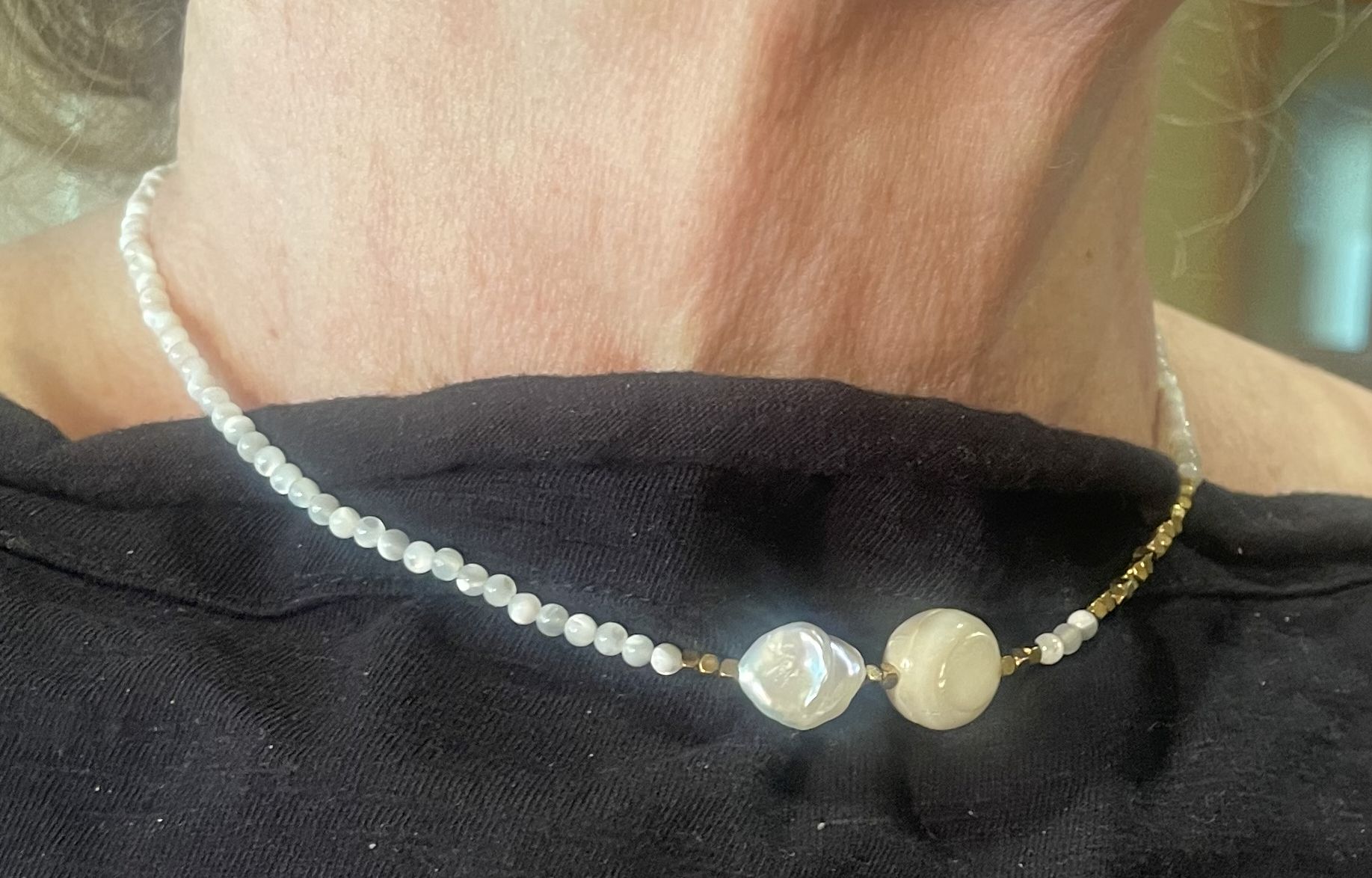 Gold Necklace, with asymmetric Mother-of-Pearl beads