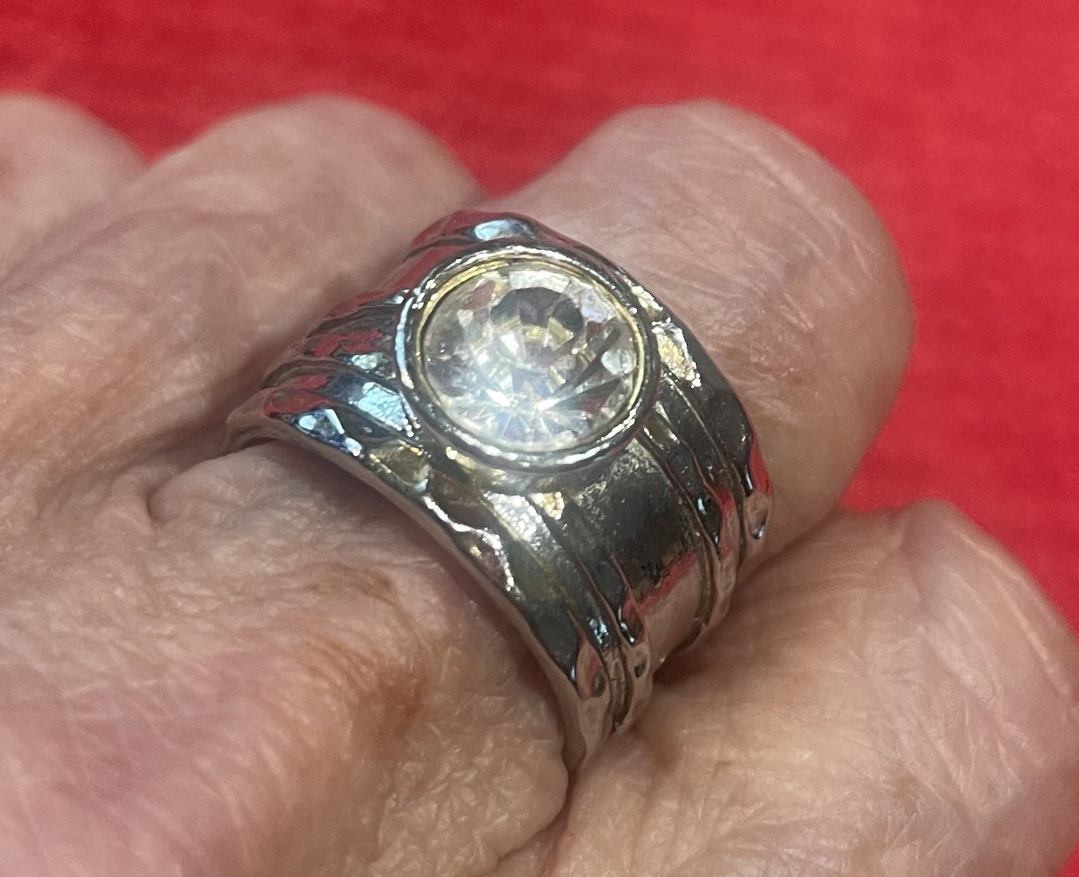 Silver Ring, hammered body, with large crystal stone, size 6